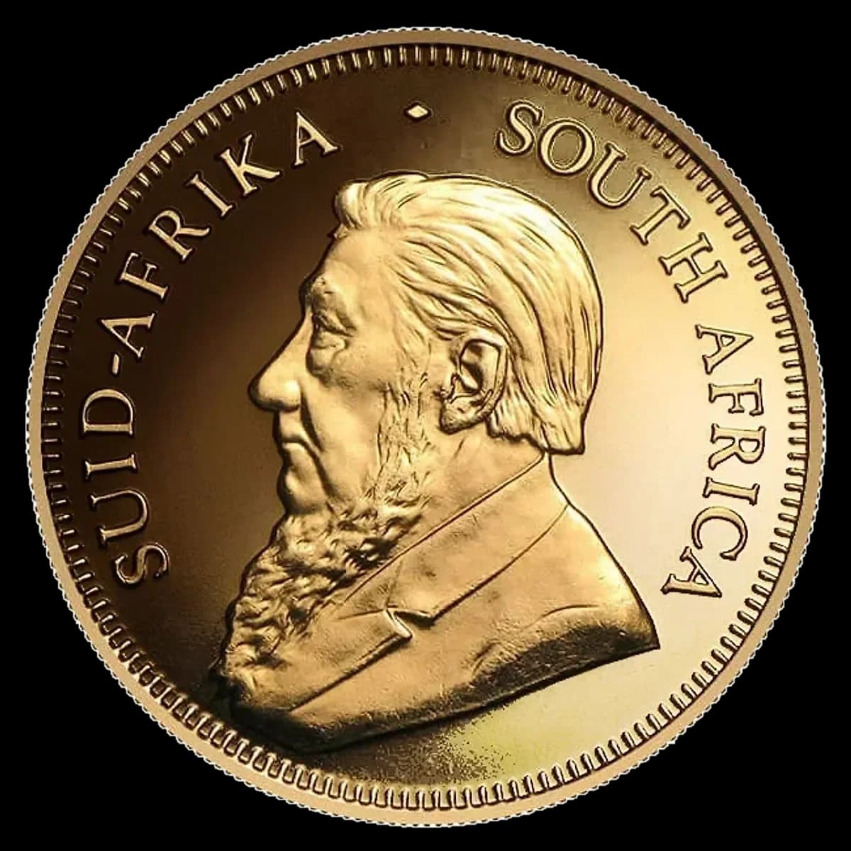Obverse of the 2025 1 oz gold Krugerrand coin: the portrait of Paul Kruger, the four-term president of the South African Republic.