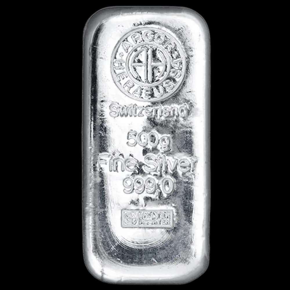 الوجه الأمامي لسبيكة Heraeus الفضية (500 غرام): نقاء 9999.