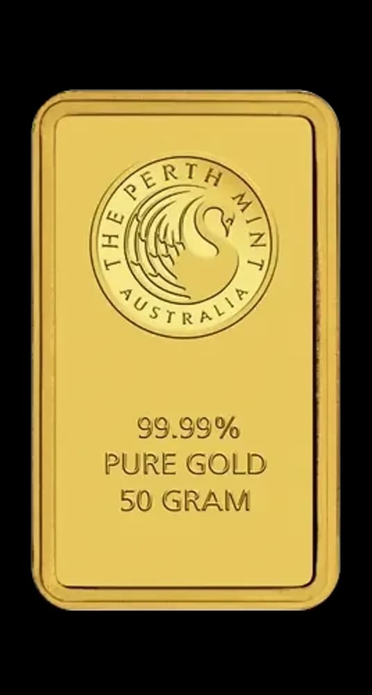 الوجه الأمامي والحافة لسبيكة Perth Mint Bars الذهبية (50 غرام): نقاء 9999.