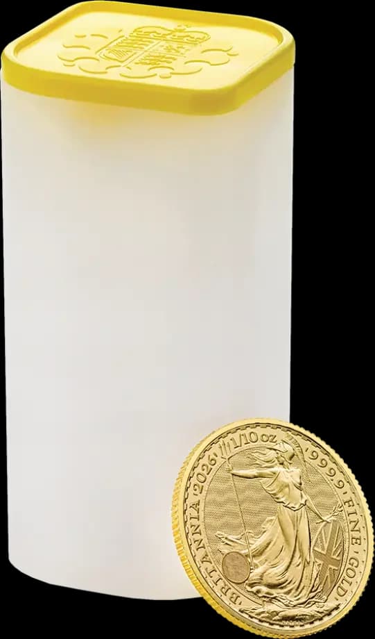 التغليف لعملة Britannia الذهبية 2026 (1/10 أونصة): single coin capsule, tube of 10, or monster box of 100, القيمة الاسمية 100 GBP.