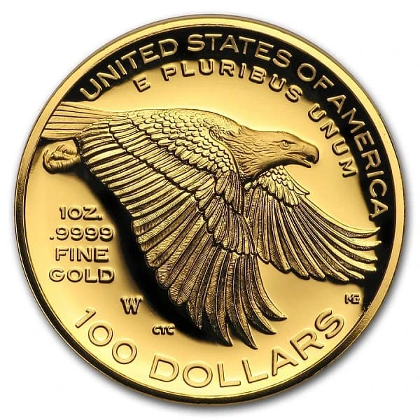 Reverse and edge of the 2017 1 oz gold American Liberty High Relief coin: .9999 fine gold.