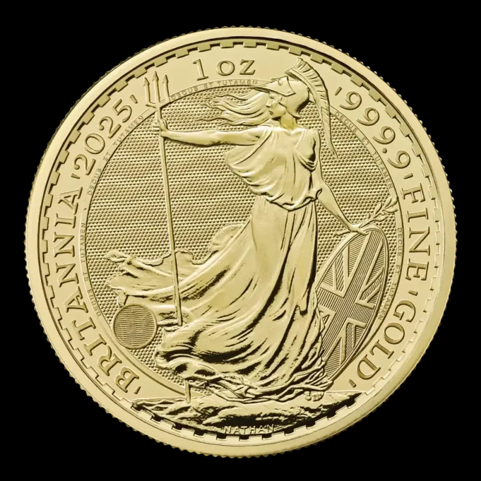 الوجه الأمامي لعملة Britannia الذهبية 2025 (1 أونصة): أما الوجه الأمامي، فيعرض الصورة الرسمية الأولى لجلالة الملك تشارلز الثالث، من.
