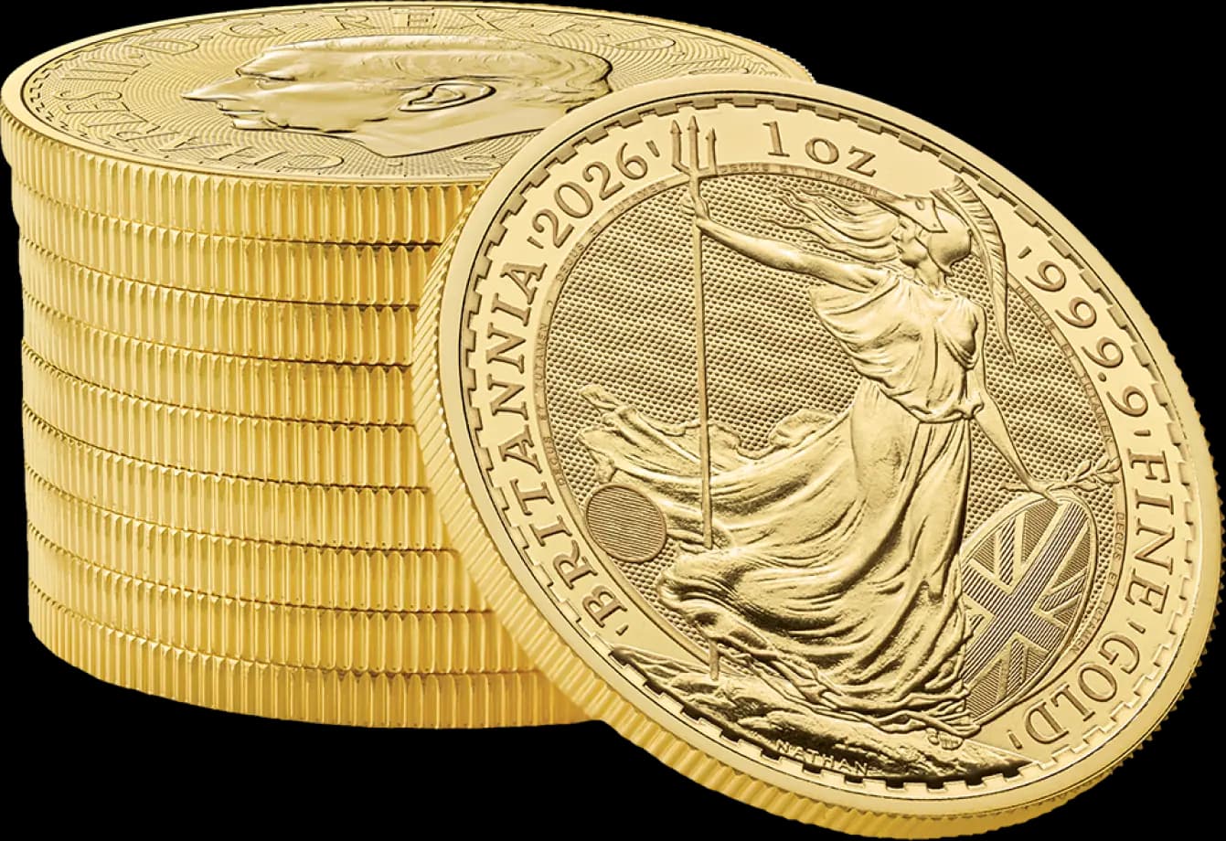 صورة واقعية لعملة Britannia الذهبية 2026 (1 أونصة): نقاء 9999.