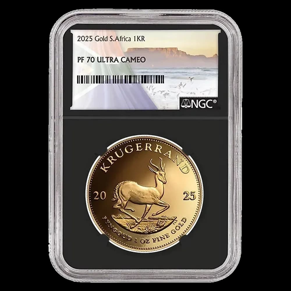 Packaging of the 2025 1 oz gold Krugerrand coin: .9167 fine gold.