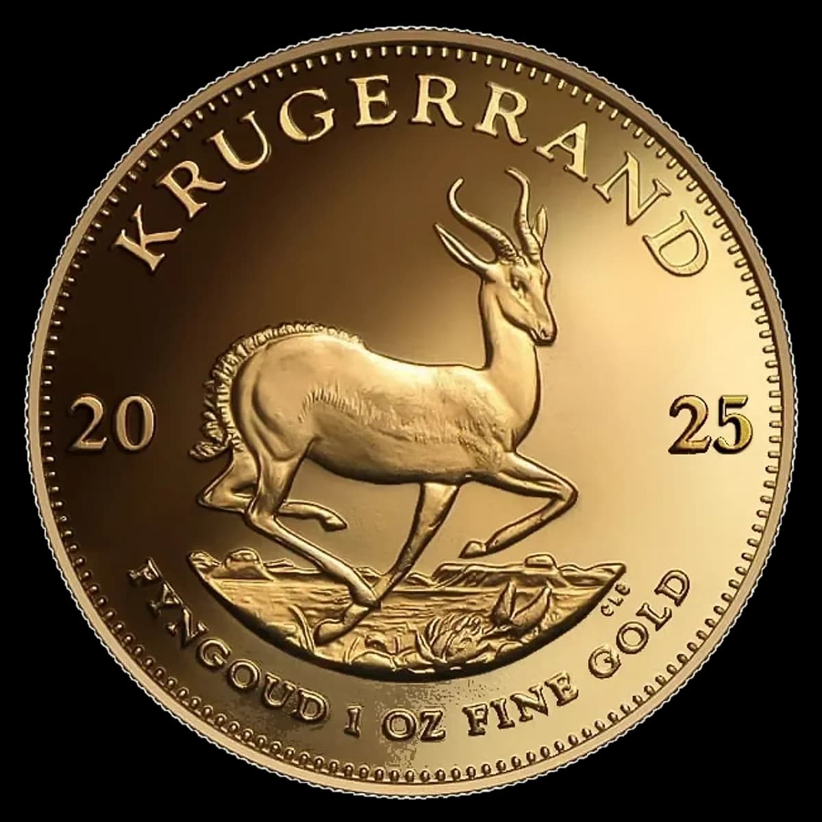 Reverse of the 2025 1 oz gold Krugerrand coin: the graceful Springbok antelope, the national animal of South Africa.