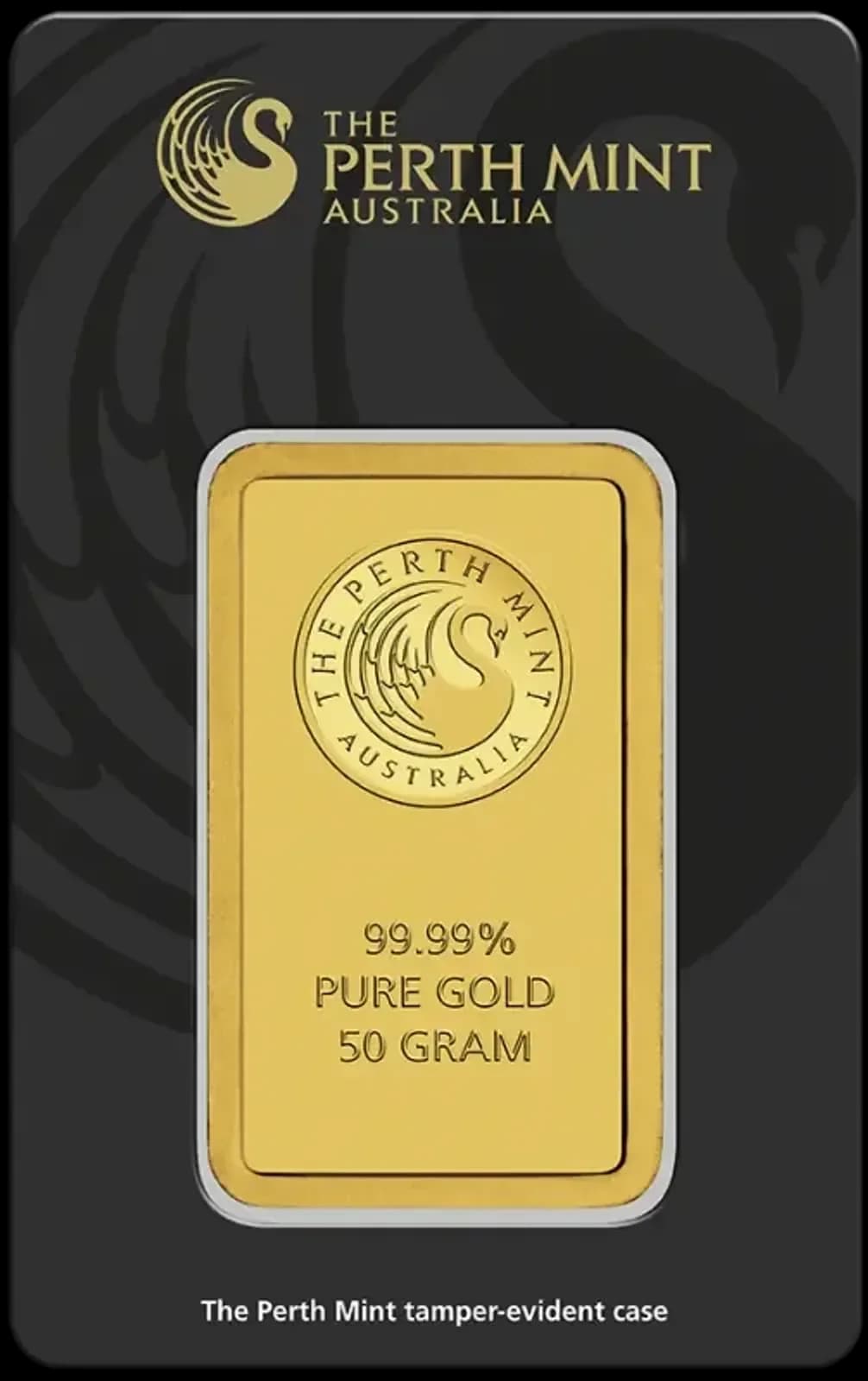 Obverse of the 50 g gold Perth Mint Bars bar: .9999 fine gold.