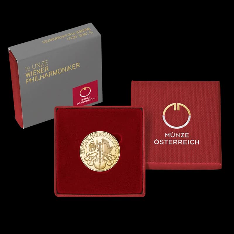 1/2 oz Vienna Philharmonic kuldmünt | 2025 — packaging