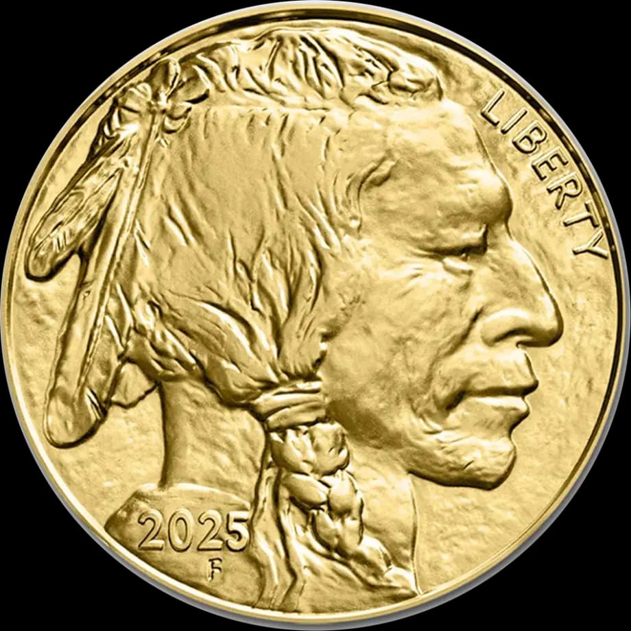 Obverse of the 2025 1 oz gold American Buffalo coin: .9999 fine gold.