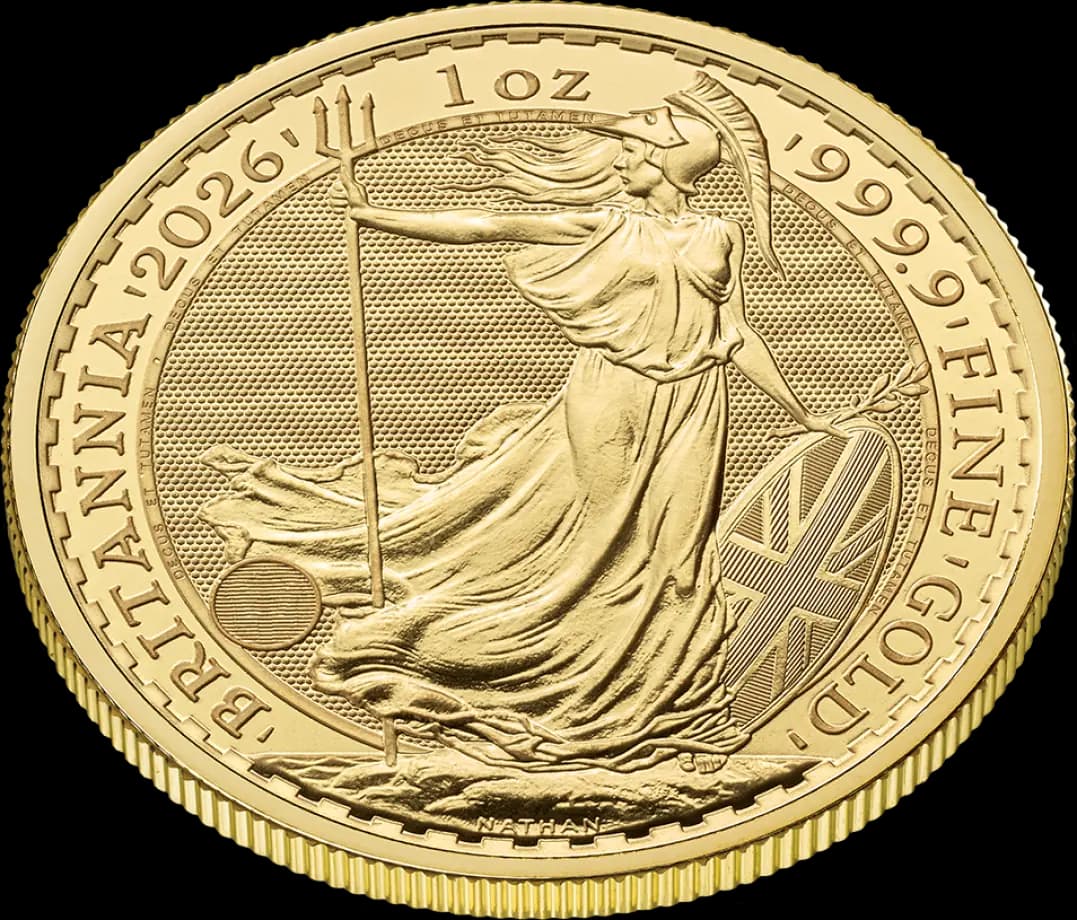 Макроснимок золотой монеты Britannia 2026 года, 1 унция: проба 9999.