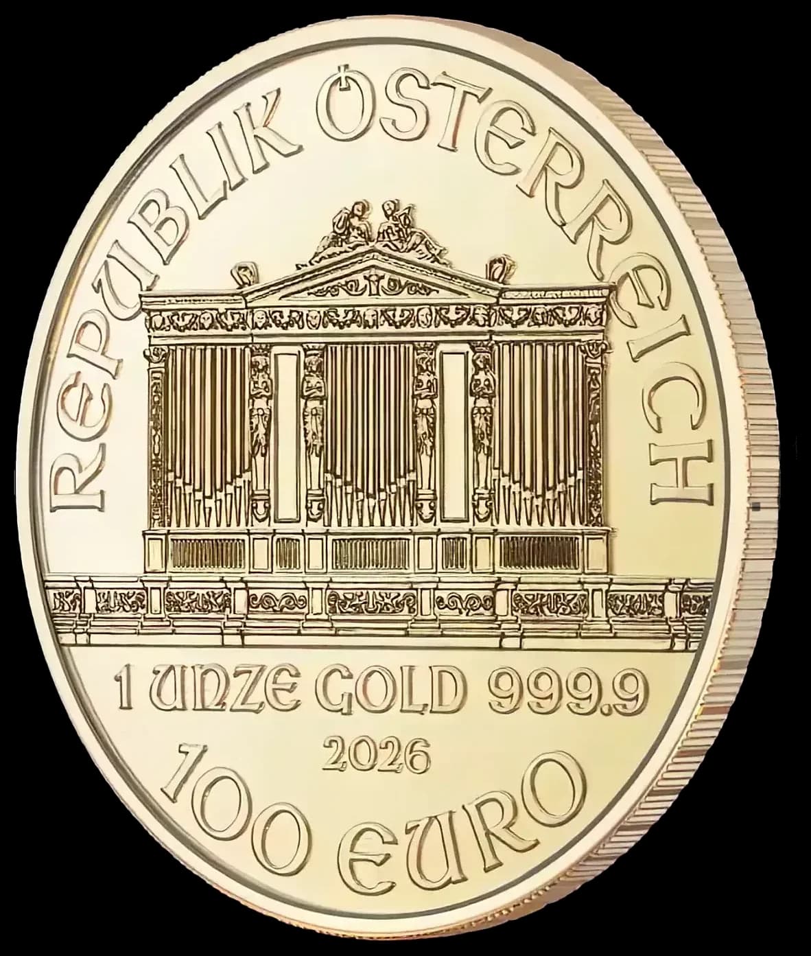 1 oz Vienna Philharmonic Gold Coin | 2026 — obverse and edge
